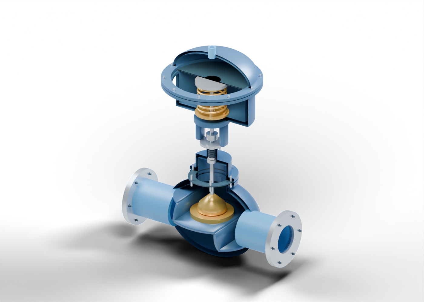 Original globe-style valve cutaway showing a gold plug and seat, stem and packing, and a spring beneath a diaphragm actuator plate.
