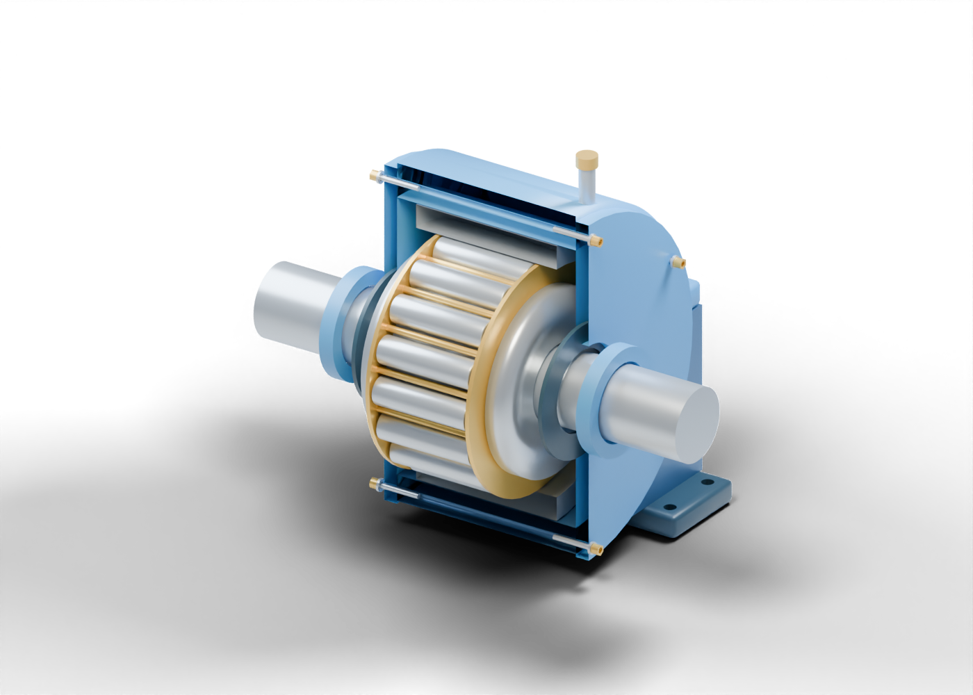 Original blue split-housing cutaway with a silver shaft and cylindrical rollers, gold cage bridges and end rings, an independent connection neck and one visible steel support foot.