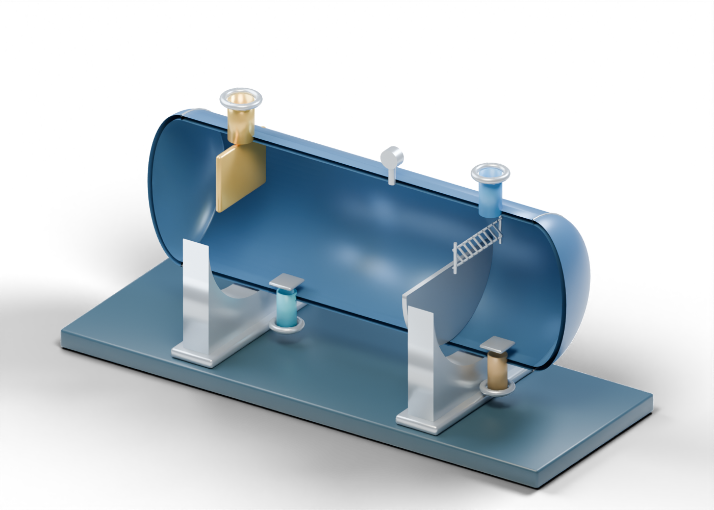 Original horizontal separator cutaway showing an inlet plate, weir, sparse mist-removal markers and outlet necks.